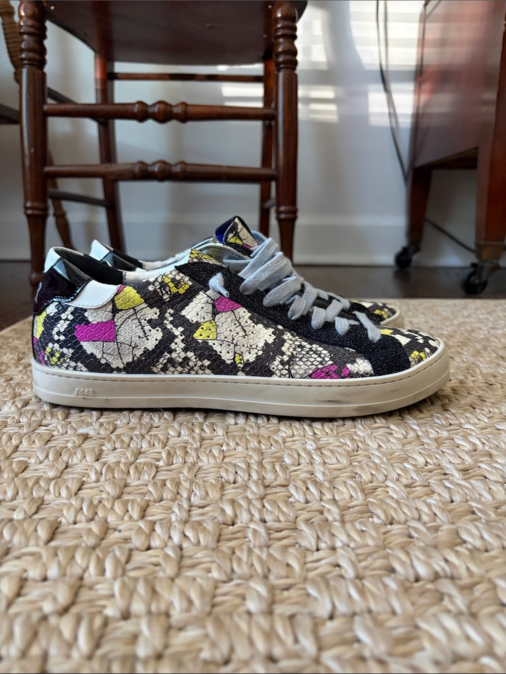 P448 bright Snake-Print Low-Top Sneakers in Black, White, Pink & Yellow sz 39
